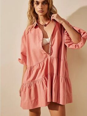 Free People Coral Pink Mini Shirt Dress